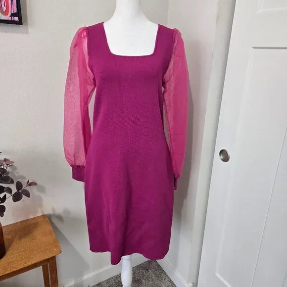 House of Harlow 1960 Fuchsia Bodycon Dress Sheer Sleeves Sz L - Picture 1 of 9